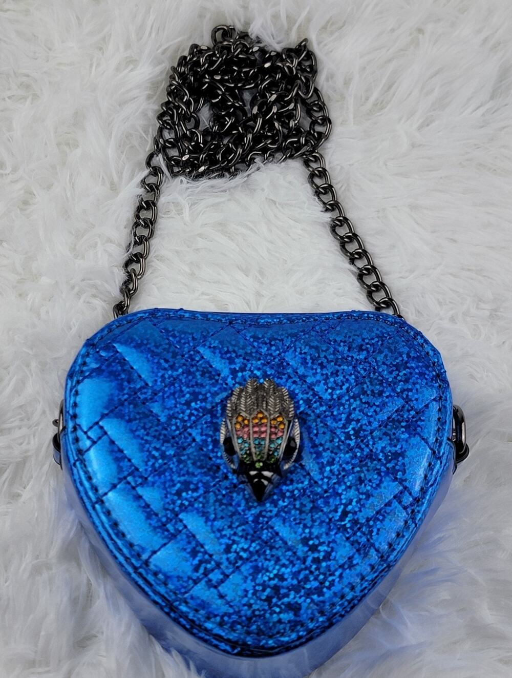 Heart Designer Mini Purse Blue Metallic Crossbody 24 Chain Zip Small Bag Eagle